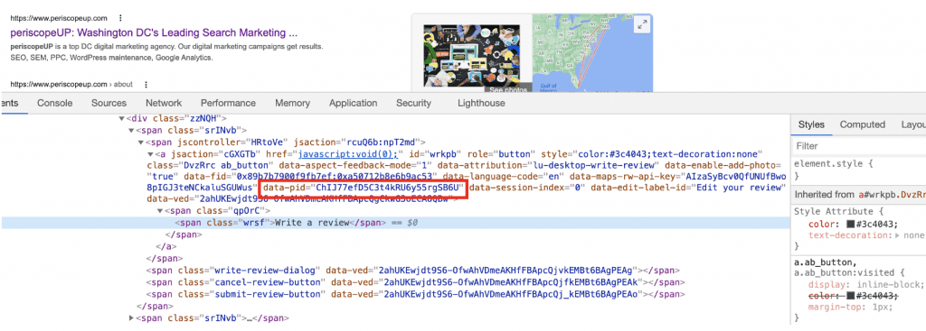 Using the inspect feature to fetch the Google Place ID from a company's Google Business Listing