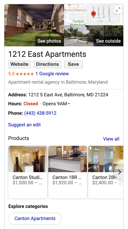 Example fo how the Google Business products feature end result looks in search results