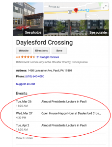Google Business listing showing three events that were pulled from various event sites.