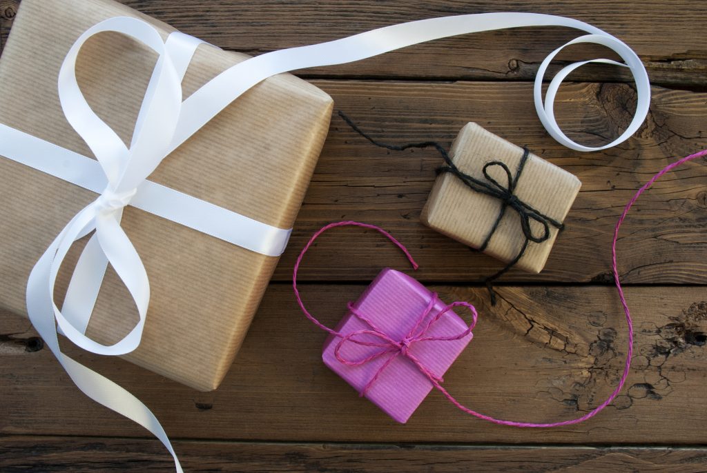 Gifts from an E-tailer, tied with ribbon for the holidays.