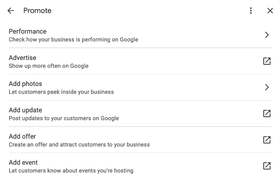 Performance direct edit menu for Google My Business.