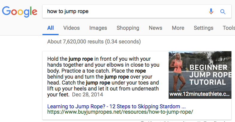 Example of a combined featured snippet, showing text from buyjumpropes and an image from 12minutealthete.