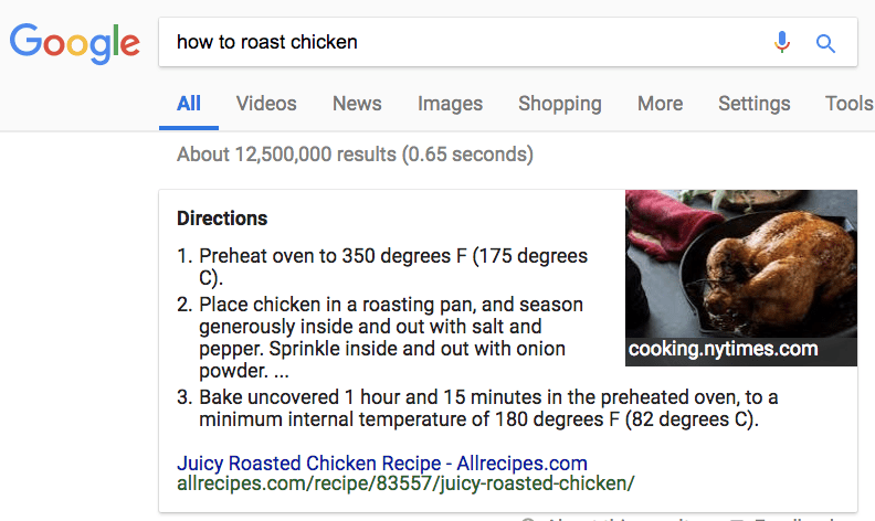 Example of a combined featured snippet, showing text from Allrecipes and an image from cooking.nytimes.