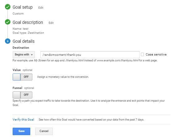 Image showing how to setup a Goal in Google Analytics