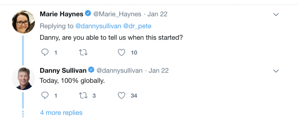 Twitter exchange between SEO Marie Haynes and Google's Danny Sullivan.