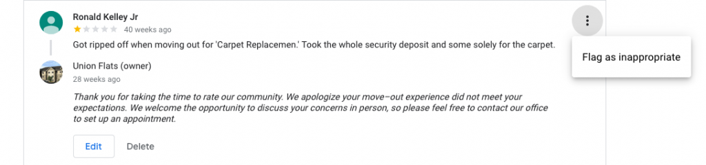 Flag false or spam reviews as inappropriate in your Google Business dashboard.