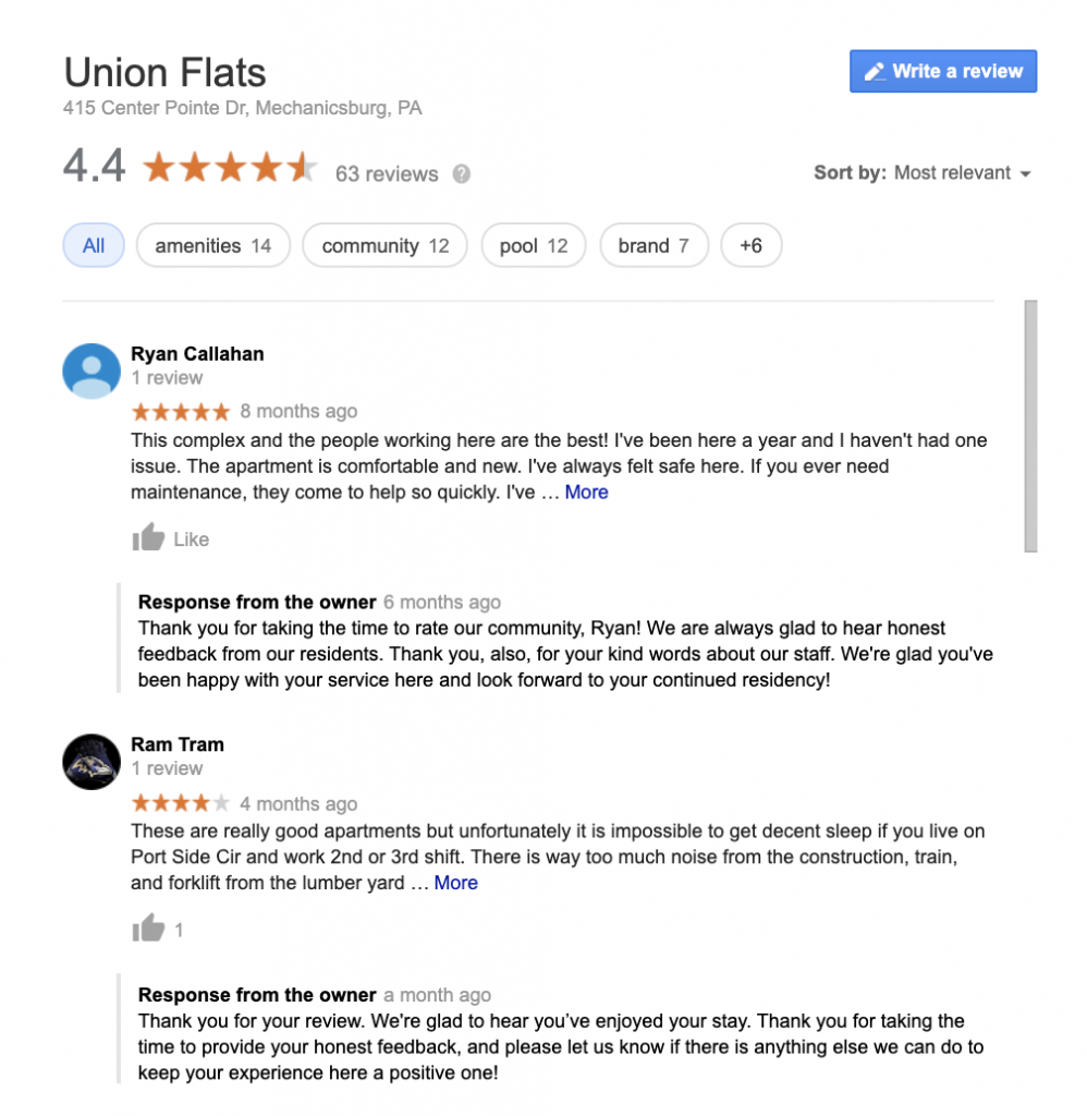 Example of Places and Topics sort feature in Google Reviews.