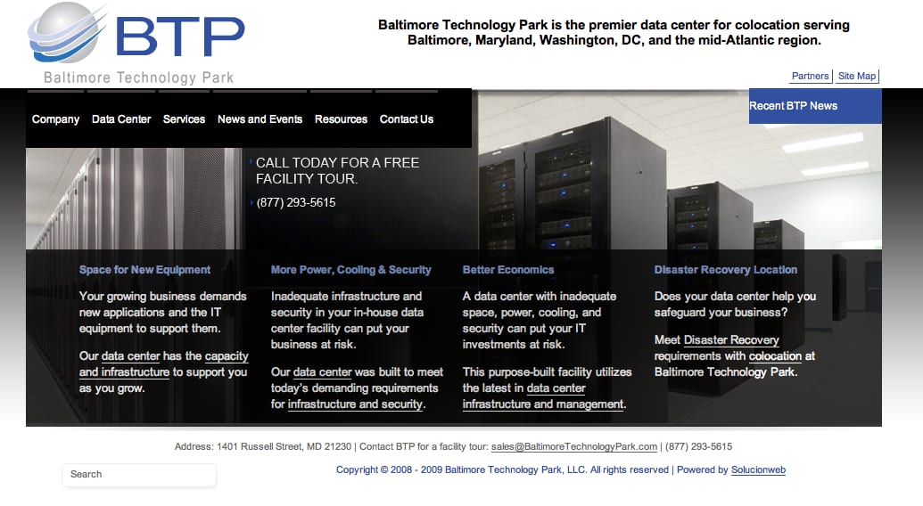 Baltimore Technology Park website landing page following implementation of periscopeUP's suggested changes.