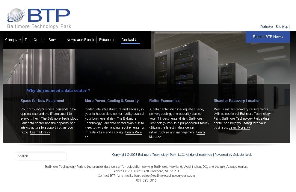 Baltimore Technology Park website Landing Page before changes.