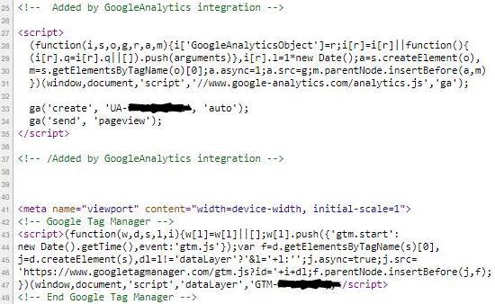 Image shows view source on desktop version of the pages to show how Google Tag Manager container and the Universal Analytics code both on the page