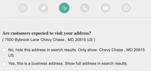 Bing Places dashboard showing service area question.