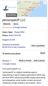 Google Business listing for periscopeUP, a Baltimore-based digital marketing agency. Businesses that service clients in multiple towns and cities can display that information Google's Service Area option.
