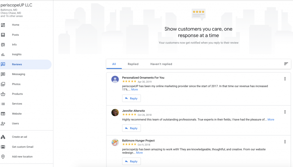 Customer reviews in periscopeUP's Google Business dashboard.