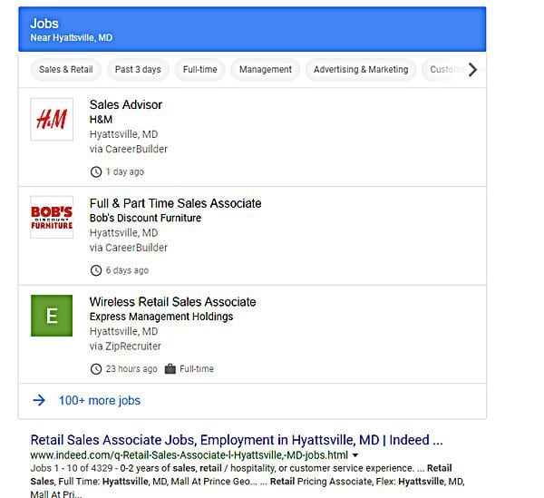 Google for Jobs results 