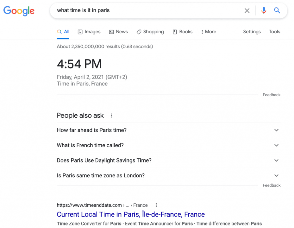 zero click search results for paris time