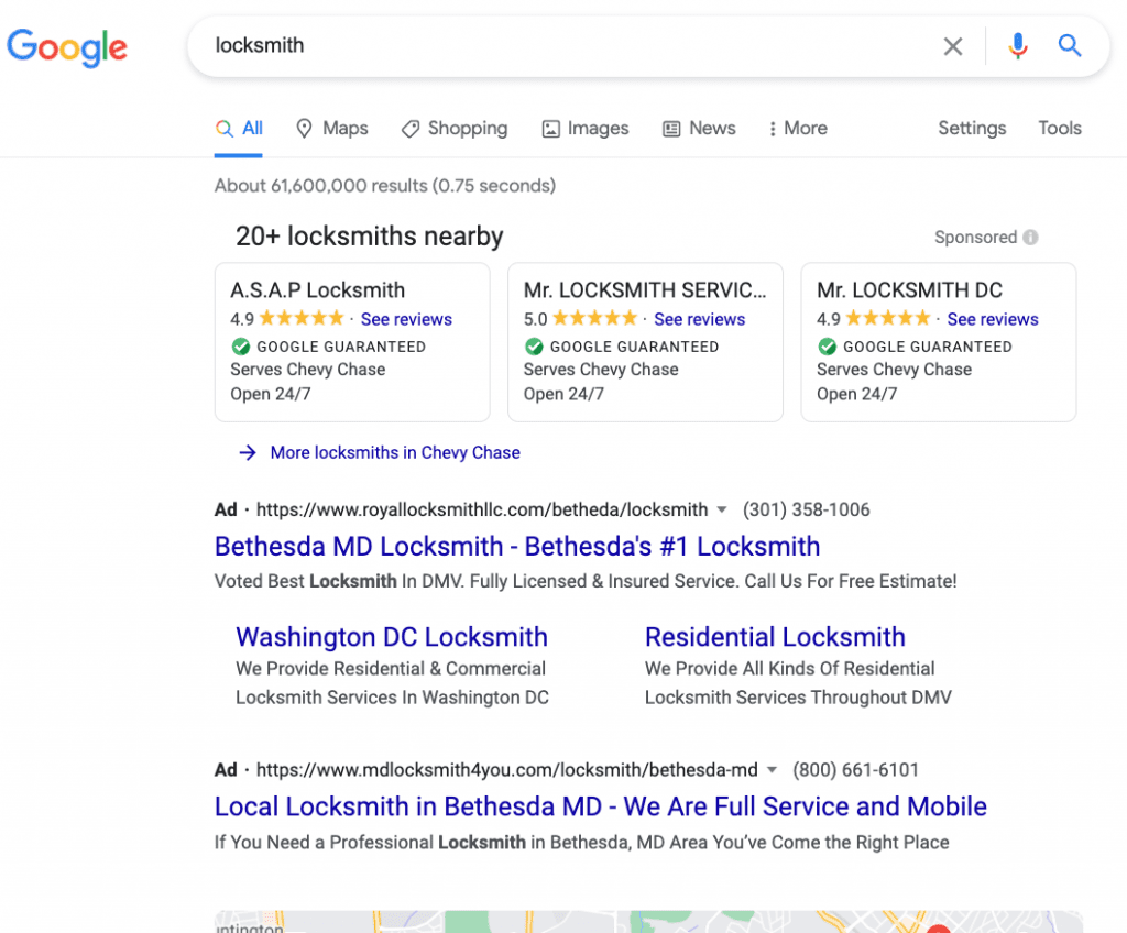 Search query for "locksmith" with a local ad carousel provided by Google.