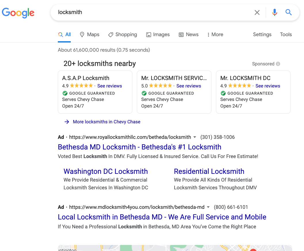 image (5) Search query for "locksmith" with a local ad carousel provided by Google.