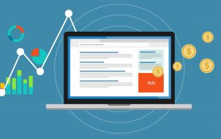 image showing a computer with data visualizations and money signs to represent ppc (pay per click)