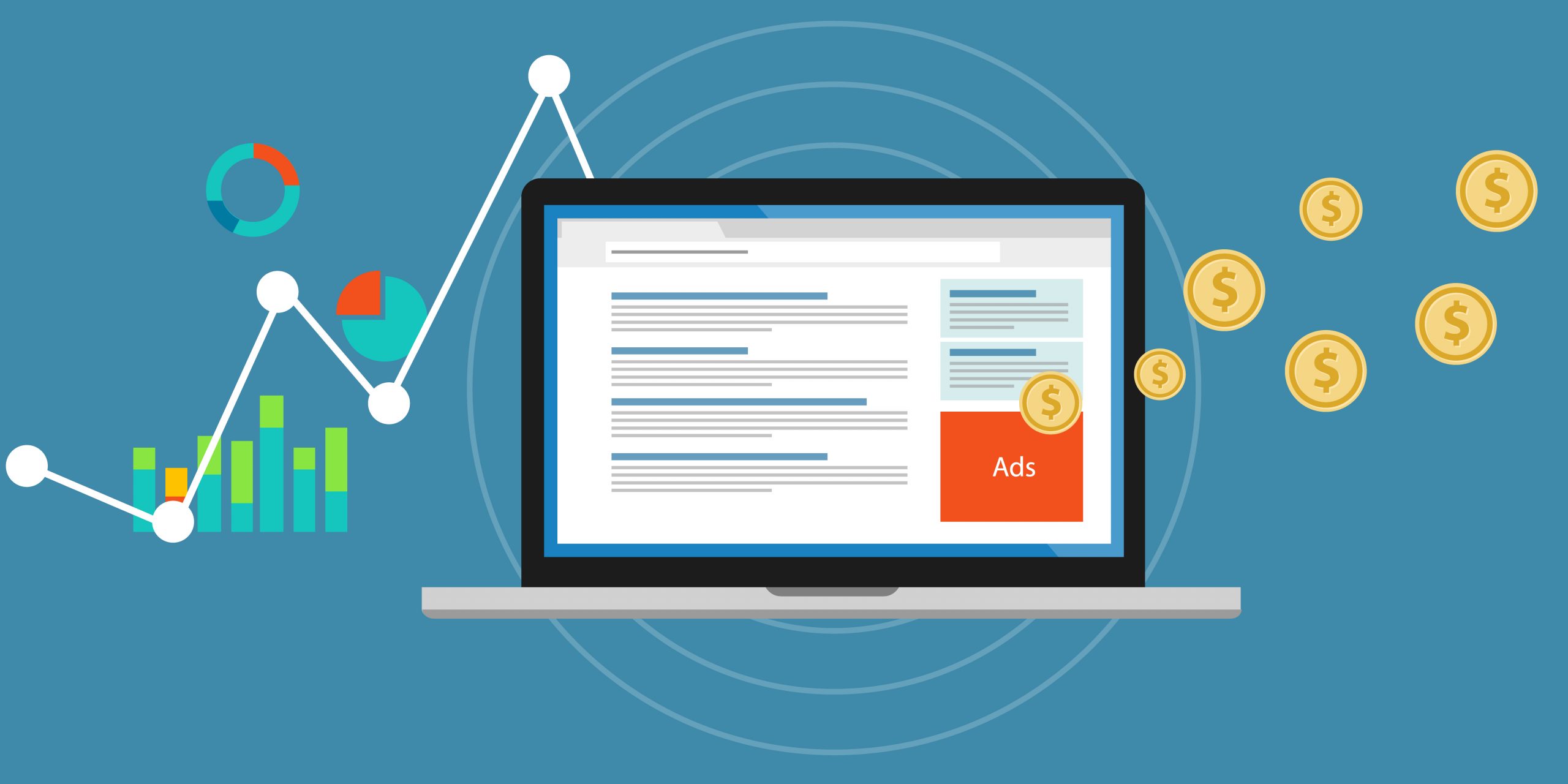 image showing a computer with data visualizations and money signs to represent ppc (pay per click)