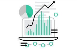 illustration of a laptop with analytics data images overlayed