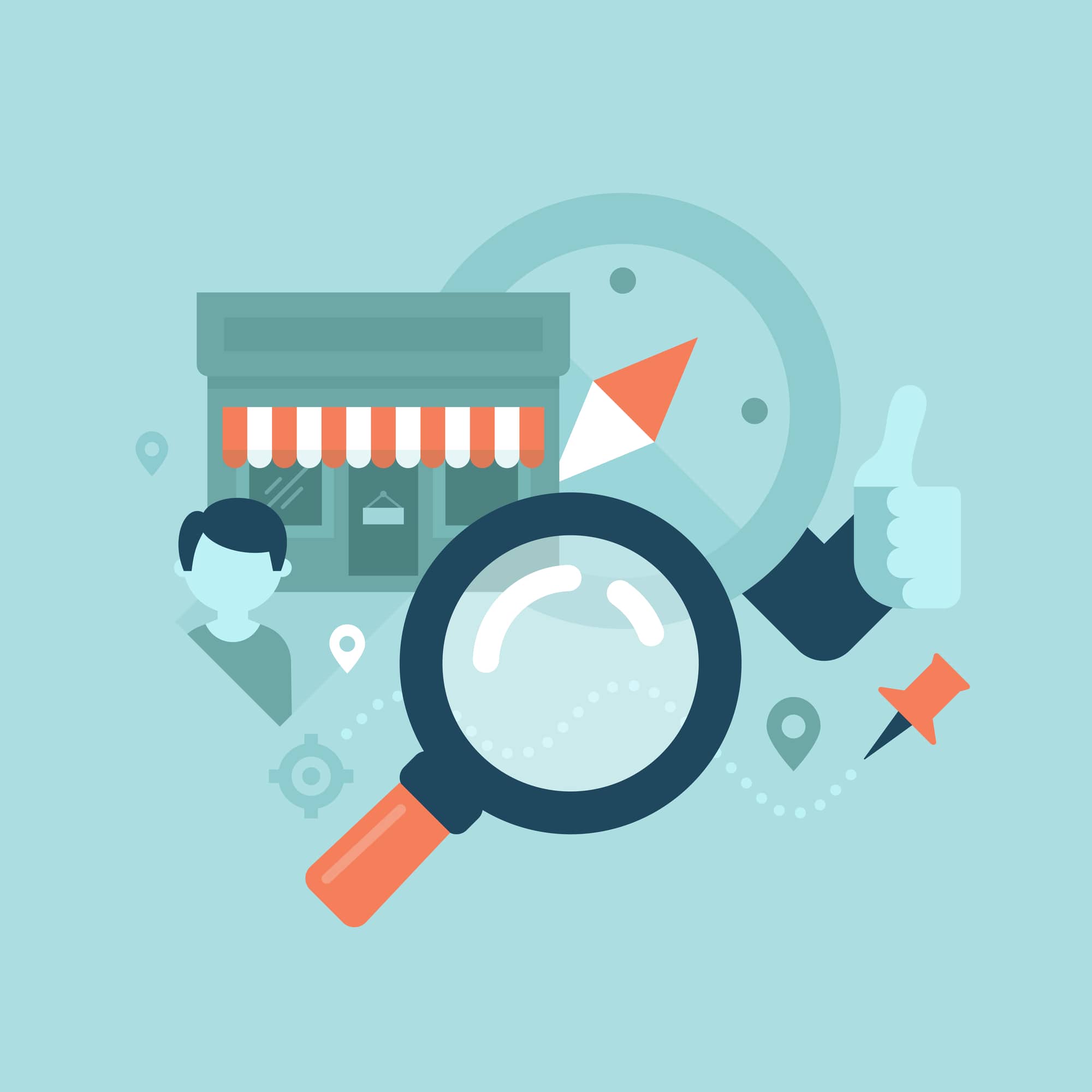 vector image of magnifying glass over a local brick-and-mortar business to symbolize the importance of local SEO for small business