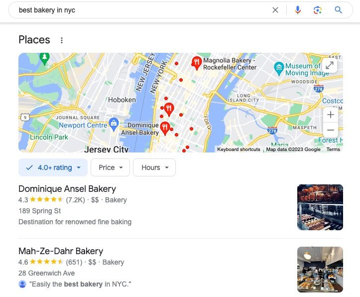 local SEO search results for "best bakery in NYC"