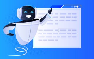 vector image of a happy robot floating outside of a word document