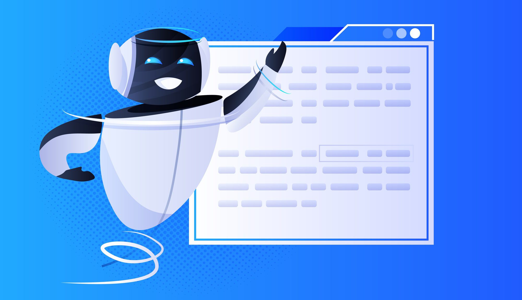 vector image of a happy robot floating outside of a word document