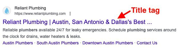 Google search result with arrow pointing to the Title tag