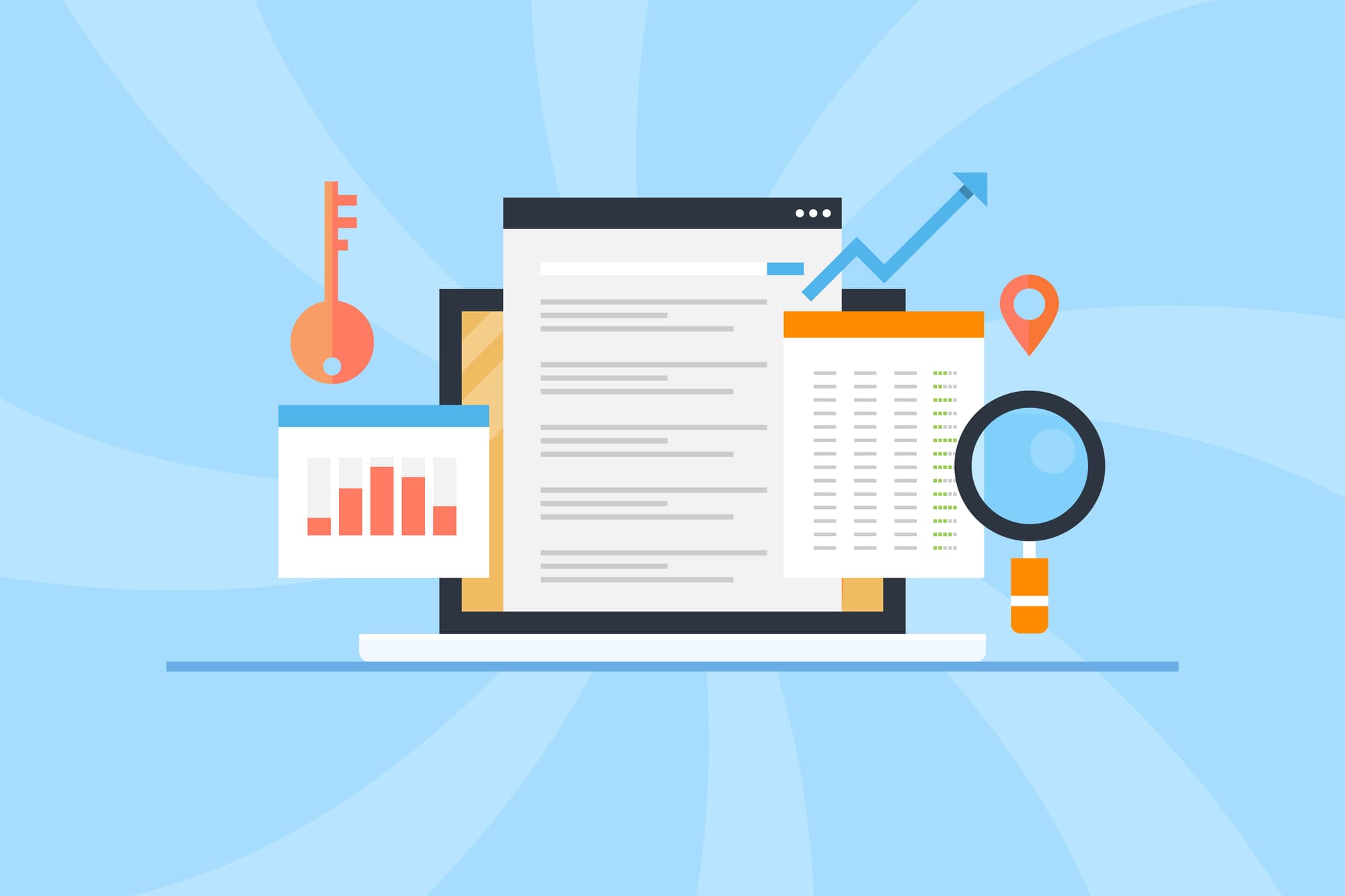 illustration of web page, content, and local search results coming out of a laptop